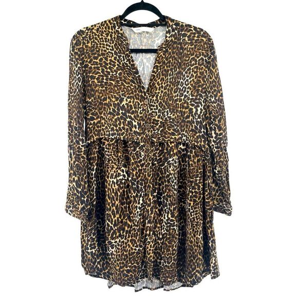 Zara Z1975 Leopard Print Babydoll Dress Women’s Small Button Front Long Sleeve - Picture 1 of 13